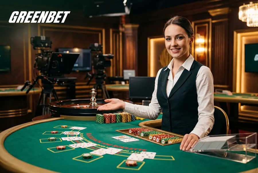 Krupierka przy stole do ruletki i blackjacka w studiu kasyna na żywo