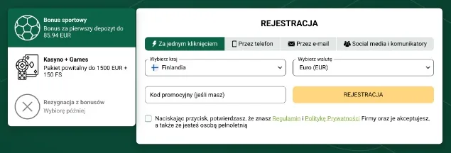 Formularz rejestracji z wyborem bonusu sportowego lub pakietu do kasyna