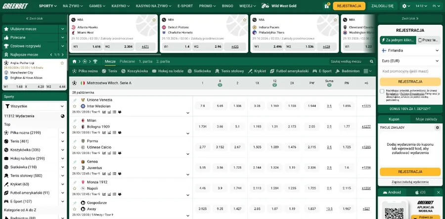 Oferta przedmeczowa: Serie A, Puchar Ligi Angielskiej, NBA z kursami 1X2